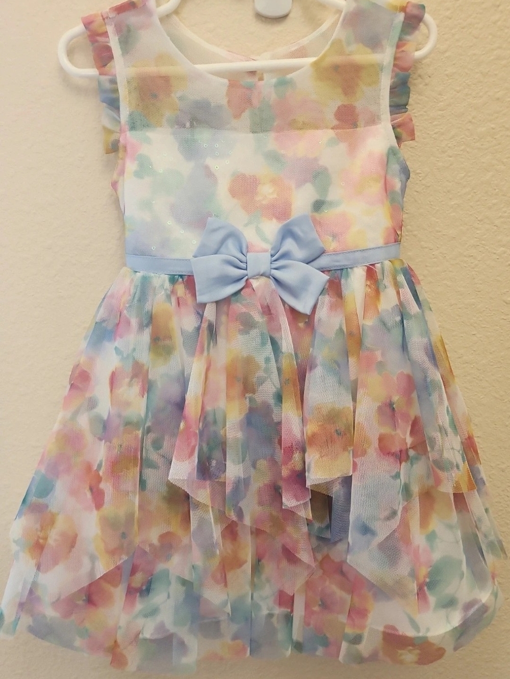 Jona Michelle Pastel Floral Mesh Party Dress with Lilac Bow